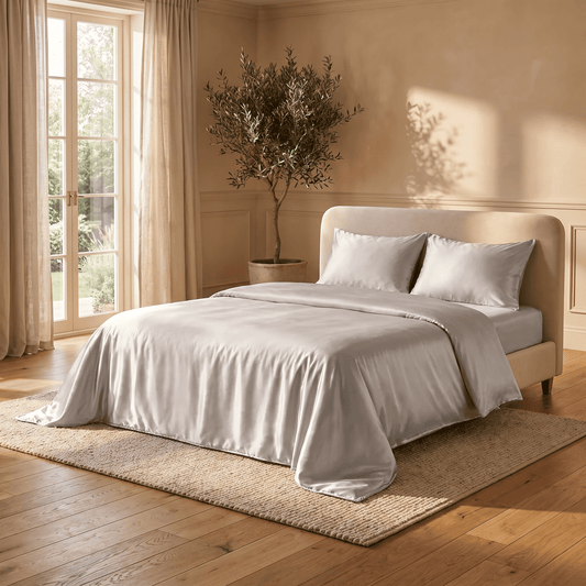 Drap Housse Gris Argenté en Soie de Mûrier